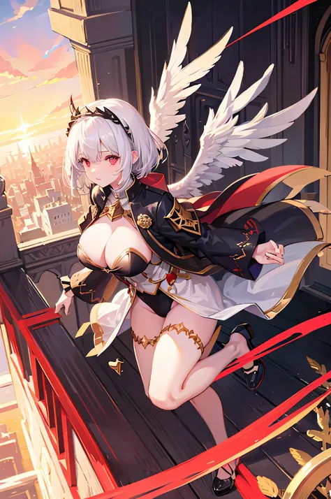 4K,hight resolution,One Woman,White hair,Shorthair,Red Eyes,Colossal tits,valkyrie,black holy armor,Winged headgear,jewel decorations,Gold decoration,spear,Temple in the Sky,Sunset sky