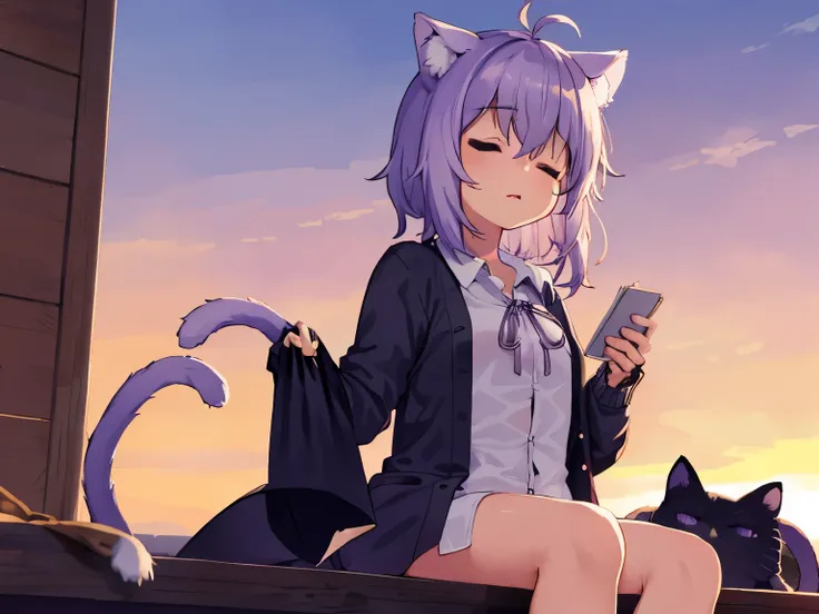 okayucasual, dress shirt, purple ribbon, naked shirt, open cardigan, cat tail, ahoge, sitting, sleep, 1girl, sunset,