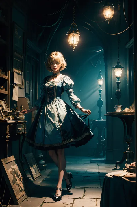 young girl, ,cinematic, alice in wonderland, blonde short hair , cold colors, mistic lights, low light, fantasy environment, clockwork , full body