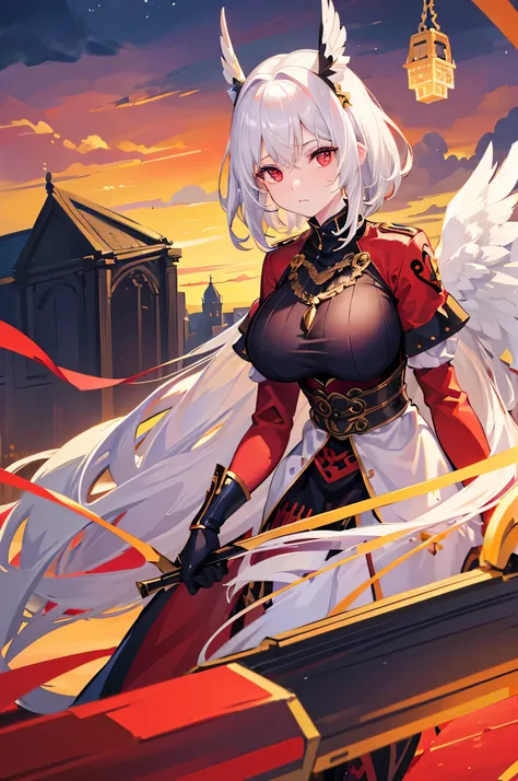 4K,hight resolution,One Woman,White hair,Shorthair,Red Eyes,Colossal tits,valkyrie,black holy armor,Winged headgear,jewel decorations,Gold decoration,Temple in the Sky,Sunset sky