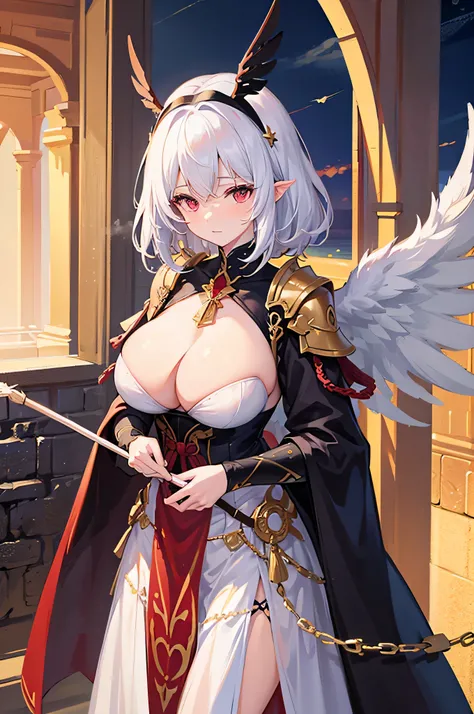 4K,hight resolution,One Woman,White hair,Shorthair,Red Eyes,Colossal tits,valkyrie,black holy armor,Winged headgear,jewel decorations,Gold decoration,spear,Temple in the Sky,Sunset sky