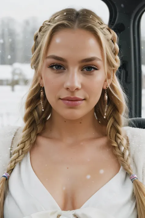 award winning glamour photograph,((best quality)), ((masterpiece)), ((realistic)), piercing eyes, looking straight, very happy, blonde hair, quad braids, in her car, snowing outside, afternoon light,