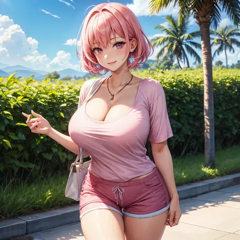 large breasts, tight pink Shirt, pink shorts, pale skin, slender figure, pink hair, pink eyes, pink lips, pink earrings, pink necklace, smile