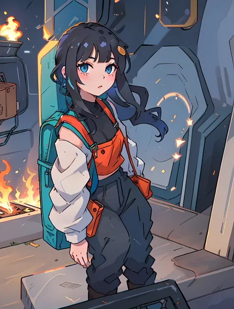 depicts a girl with medium-length black hair，she has blue eyes，wearing a crisp cropped vest and overalls，wearing a side backpack...