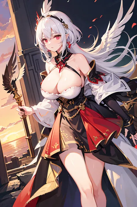 4K,hight resolution,One Woman,White hair,Shorthair,Red Eyes,Colossal tits,valkyrie,black holy armor,Winged headgear,jewel decorations,Gold decoration,spear,Temple in the Sky,Sunset sky