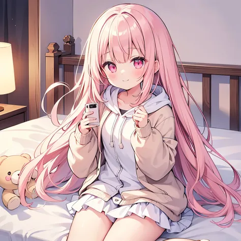 Seien Mika,absurdly long hair,a baby face,teddy bears,lovely,girls own room,modern,cream colored Hair、Glowing pink eyes,white frilly skirt,Black hoodie,Moe Sleeve,wearing a cream-colored cardigan,Zito-order,kindly smile,high-level image quality,Sitting in ...