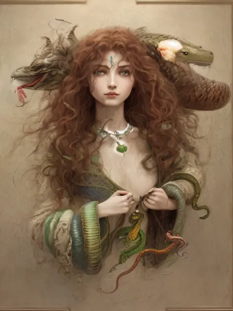 painting of snakes and dragons, demons and elves, inspired by james christensen, her many snakes as hair,