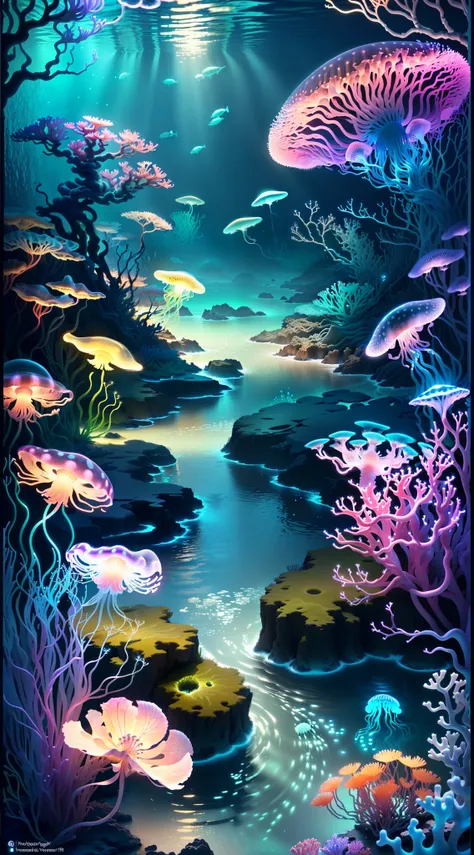 Masterpiece, best quality, (very detailed CG unity 8k wallpaperest quality), (best illustrationest shadows), marine theme with natural elements. Tall mangroves, rich marine plants, glowing jellyfish, surrounded by schools of fish, glowing particle effects,...