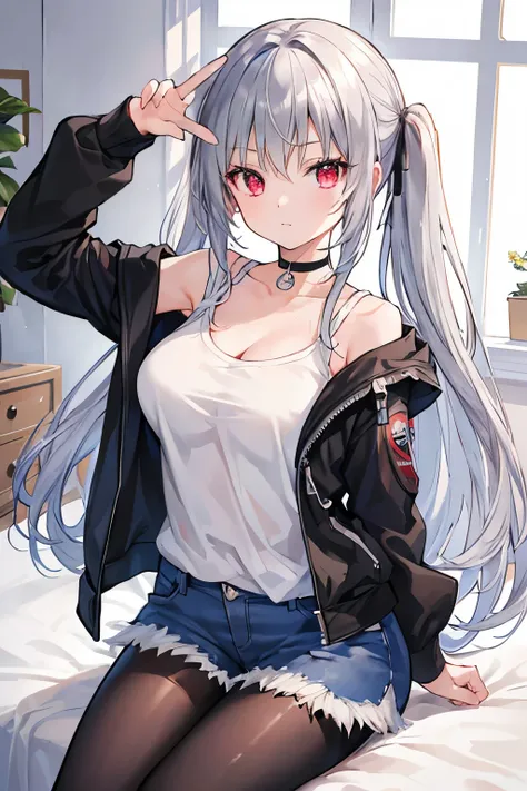 masterpiece, Highest quality, beautiful, high resolution, perfect anatomy, Beautiful gray hair、Beautiful red eyes、Longhaire、Tank tops、denim shortpants、a choker、 black pantyhose, jacket, selfie style、selfee、piece、piece sign、 8K、a beauty girl、 Nice、 Beautifu...