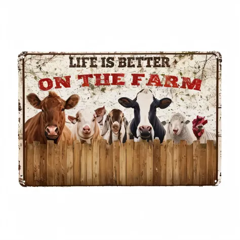 Close up of a sign with a group of animals behind a fence, on a farms, farms, High Picture Quality, 1 0 8 0 p, 1080p, On a blank piece of , on clear background, farms land, 8×, 🦩🪐🐞👩🏻🦳, farmser, retro vintage, Revival, imagem de qualidade alta