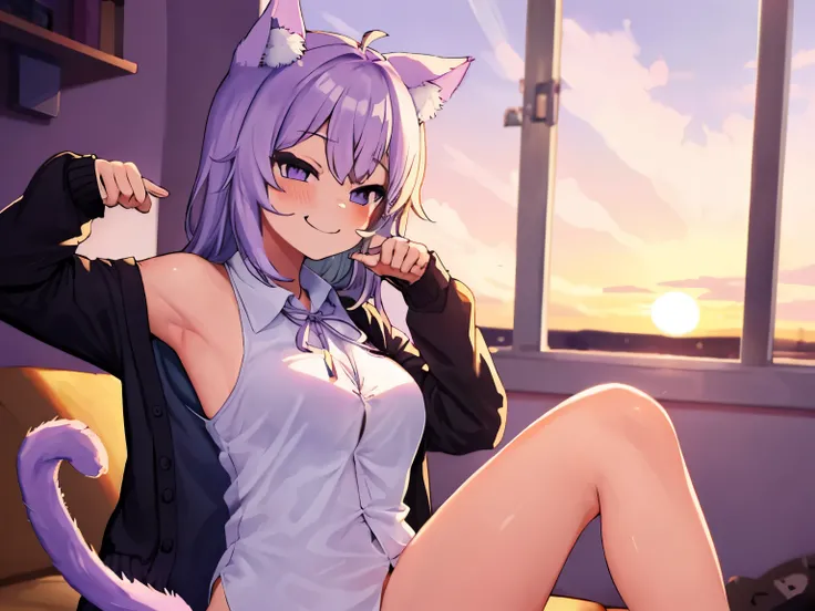 okayucasual, dress shirt, purple ribbon, naked shirt, open cardigan, cat tail, ahoge, sitting, armpits peek, smug face, 1girl, sunset