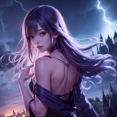 Castelo sombrio, A swarm of angels surrounds the sky above the castle、lightning clouds, Atmospheric lightning, Pink Lightning, with thunderstorms, Dramatic purple lightning, Dark storm with lightning, Lightning in the sky,Rough sky、Female vampire looking a...