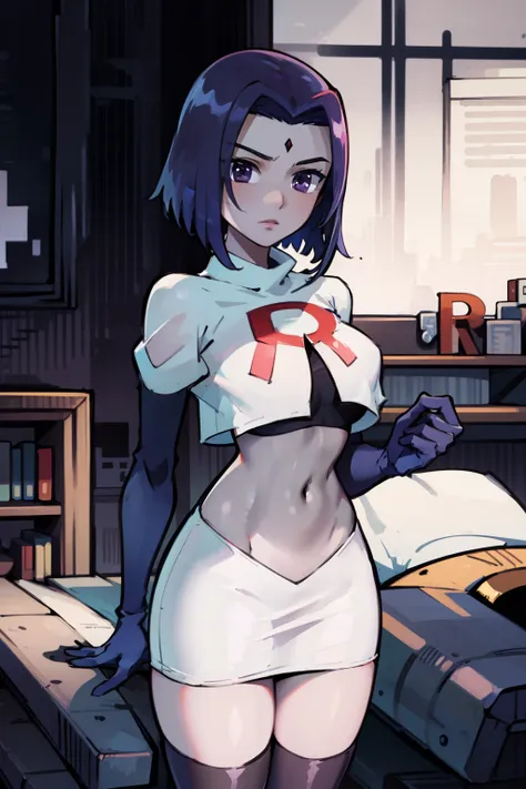 (masterpiece, best quality, ultra-detailed), RavenTT, short hair, purple eyes, (grey skin),team rocket,team rocket uniform, red letter R, white skirt,white crop top,black thigh-highs,black elbow gloves