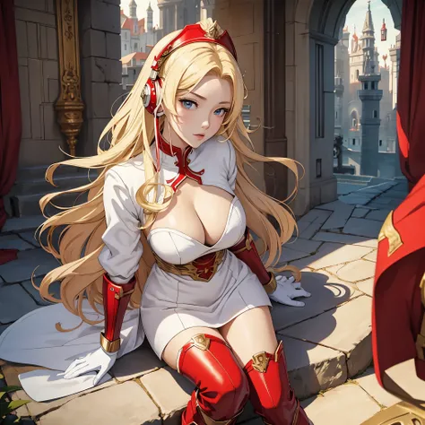 Masterpiece, best quality, White headphone, blonde, Korean woman, tall, slender, Female Knight, red gauntlet, red boots, beautiful face, beautiful hand, anime pastel, cleavage, Castle, wide-angle