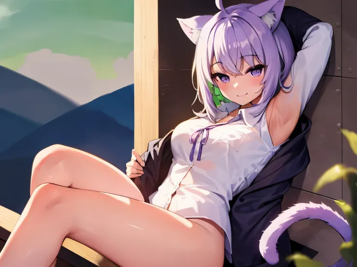 okayucasual, dress shirt, purple ribbon, naked shirt, open cardigan, cat tail, ahoge, sitting, armpits peek, smile, 1girl, green sky