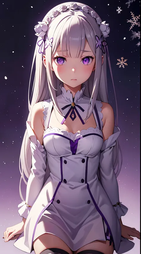 re:zero, emilia, gray hair, hair flower, masterpiece, amazing, 8k, detailed, 1girl, (blured background), ((wallpaper)), purple e...