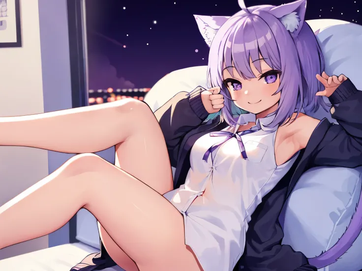 okayucasual, dress shirt, purple ribbon, naked shirt, open cardigan, cat tail, ahoge, sitting, armpits peek, smile, 1girl, night