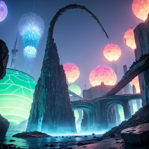 Alien Hexagonal Base (very detailed nipples) In a hexagonal mountain oasis，There are several hexagonal exhaust fans and chimneys, some neon lights projecting from the base，Light up the dark night), There are some clouds in the night sky, Some surrounding p...