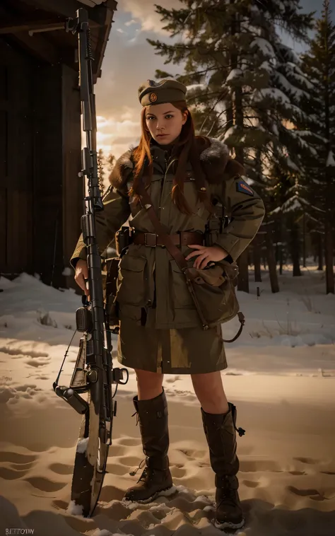 Hermosa mujer soldado, Cara rusa, pelo rojo natural en una cola de caballo, Gorra militar, Dark brown Soviet style military suit with white details., Soviet style military miniskirt., Botas militares, Harnesses and belts with ammunition, sostiene un enorme...