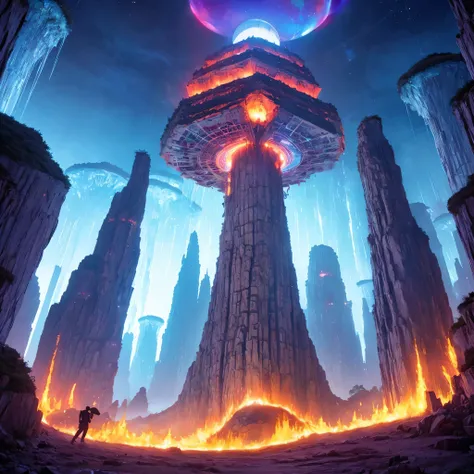 Alien Hexagonal Base (very detailed nipples) In a hexagonal mountain oasis，There are several hexagonal exhaust fans and chimneys, some neon lights projecting from the base，Light up the dark night), There are some clouds in the night sky, Some surrounding p...