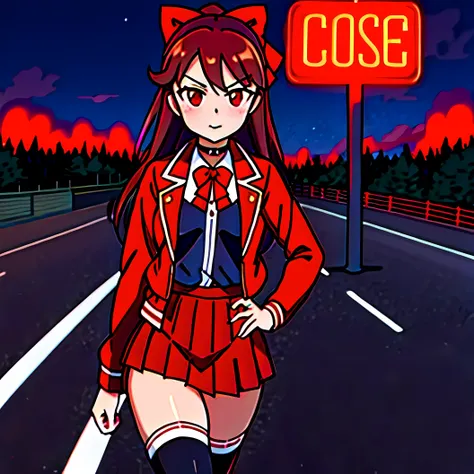 masterpiece, best quality,, maruzensky (umamusume),, red thighhighs, red jacket, pleated skirt, red skirt, long sleeves, choker, red shirt, open jacket, white bow, open clothes, high heel boots, asphalt road, running, eye trails, night sky, neon, from abov...