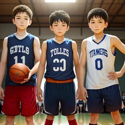 Three 10-year-old boys playing basketball，Tank top shorts