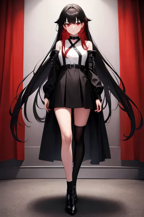 a girl, long black and red hair, straight hair parted in the middle, red eyes, long black and white dress, long black gloves, long sock, black shoes, full body, best quality, masterpiece.