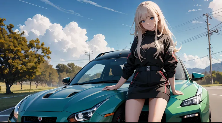 16k, HDR, ray tracing, RTX, ultra realistic, Altas, tiro grande angular, best quality, master part, imagem de corpo inteiro, (perfeito anatomy ), a menina bonito for a photograph sitting on a Nissan GTR hood, vestindo um terno curto e sexy verde, Peitos gr...