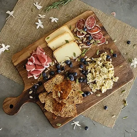 there is a wooden cutting board with a variety of food on it, on a wooden tray, on a wooden plate, Eat a cheese platter, salty, gourmet, food styling, azulejo, Tasty, Interesting, styled food photography, beautiful sunny day, tmasterpiece, food, food photo...