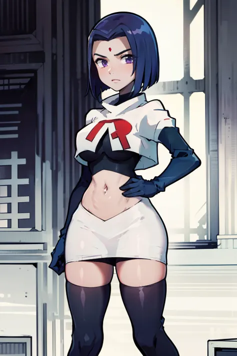 (masterpiece, best quality, ultra-detailed), raventt, short hair, purple eyes, (grey skin),team rocket,team rocket uniform, red ...