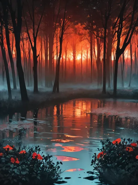 A gloomy and dark forest, with blood red flowers, bats flying, a river of water red like blood, dry trees, (((the forest is extremely sinister and dark, terrifying, with red eyes in the bushes))), {wallpaper of extremely detailed 16k CG unit}, expansive la...