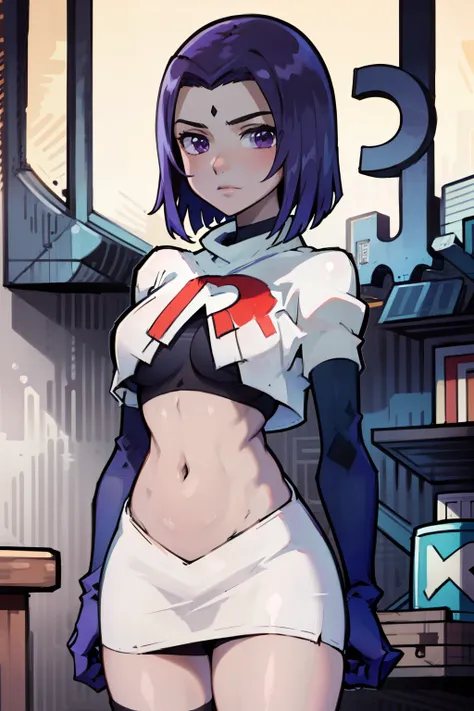 (masterpiece, best quality, ultra-detailed), RavenTT, short hair, purple eyes, (grey skin),team rocket,team rocket uniform, red letter R, white skirt,white crop top,black thigh-highs,black elbow gloves