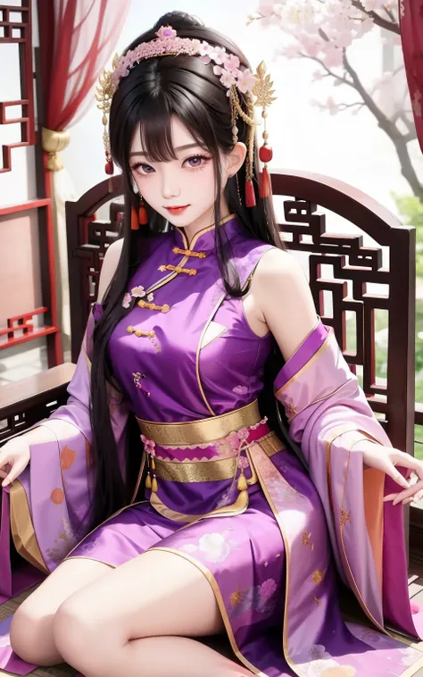 Chinese girl in purple dress，Shoulders exposed，asian architecture interior，Chaise sofa，Pink curtaintravagant furnishings，palaces，Summer palace，carpets，