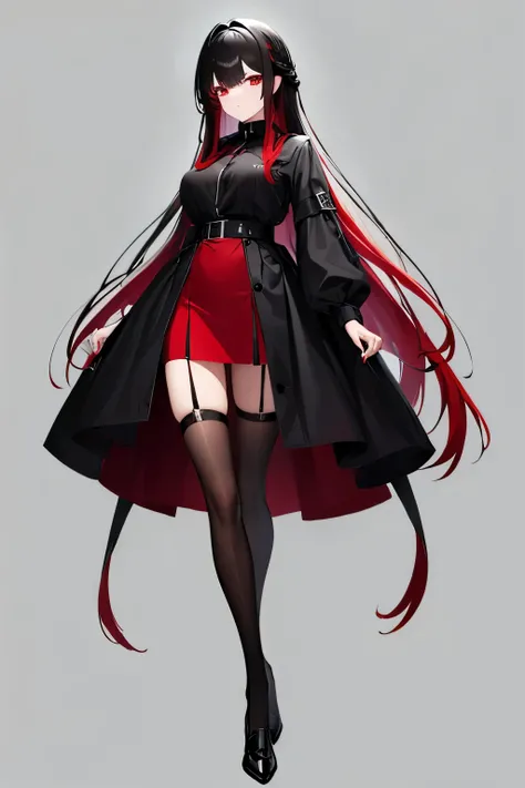 a girl, long black and red hair, straight hair parted in the middle, red eyes, long black and white dress, long black gloves, long sock, black shoes, full body, best quality, masterpiece.