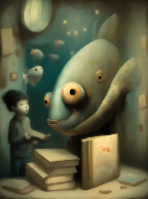 a painting of a fish with a book in its mouth and a star flying out of its mouth by Shaun Tan