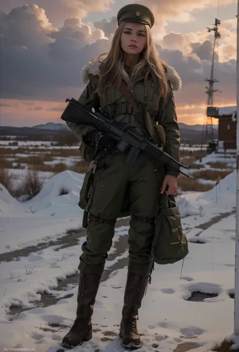 Hermosa mujer soldado, Cara rusa, cabello rubio, Gorra militar, Dark brown Soviet style military suit with white details., soviet style military pants, Botas militares, Harnesses and belts with ammunition, sostiene un tomiegun, she is in the siberian stepp...