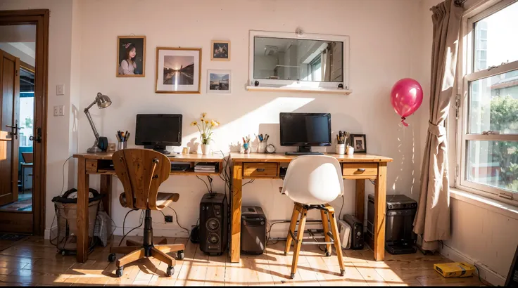 lower middle class house, simple room with time-worn wooden cupboard, study table, paper writing and photos stuck on the wall, make-up mirror, air conditioner, pink letter-shaped balloons on the wall "stratosphere" imac computer