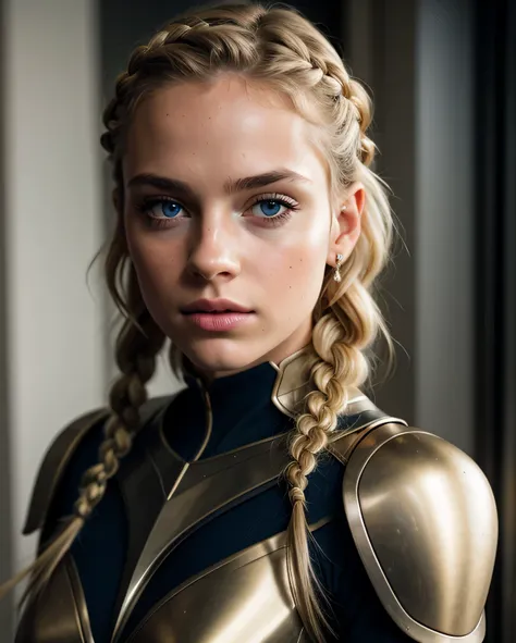 1girl, skin pores texture, Hair blonde quad braids, piercing eyes, HD , Photography, movie, cinematic, full Body armor red , blue and gold, hero, Realistic, (8k, RAW photo, best quality, masterpiece:1.2), (realistic, photo-realistic:1.33), best quality, cu...