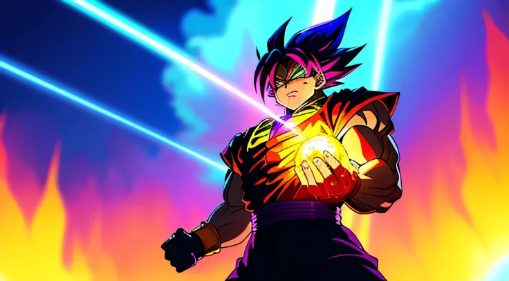 Super Saiyan Goku unleashes a massive energy wave while standing on top of a mountain, the surroundings are filled with lush greenery, and the sky is a mix of orange and purple hues. The energy wave is bright blue with electric sparks around it. (anime:1.2...