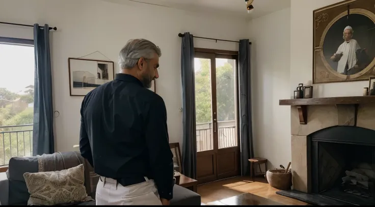 Gabriel, um homem de trinta e poucos anos com barba curta, cabelos negros cacheados, is in a beautiful and cozy living room, He is standing being hugged by his father - a 60 year old man, with a light denim shirt and gray hair that appears from behind hugg...