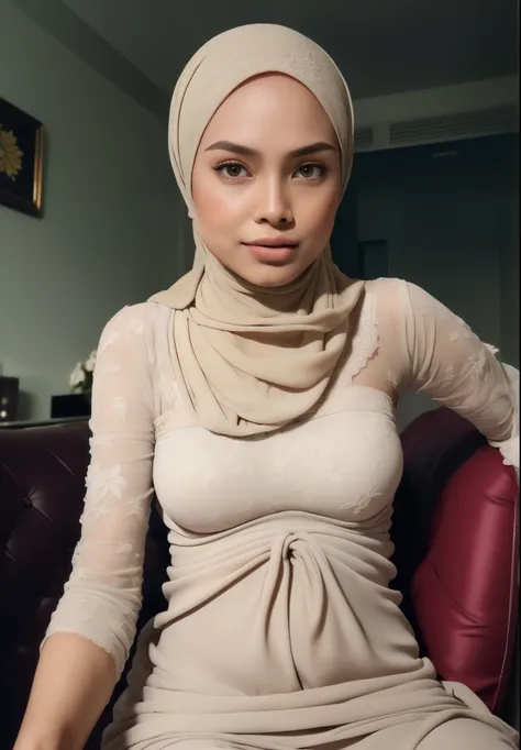 ((HIJAB MALAY GIRL)), RAW, Best quality, high resolution, Masterpiece: 1.3), Beautiful Malay woman in hijab, Masterpiece, Perfect slim body, ((Big breasteautiful big eyes, water eyes, Soft smile, wearing clothes((chiffon dress, bandeau, floral, red, light ...