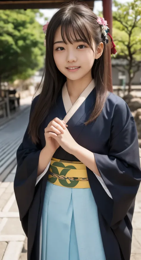 (top-quality、​masterpiece:1.2)、Best Quality、realisitic、photoshot、hight resolution、1080p、8K、Textured skin、Physical Rendering、1 Japan Girls、a junior high school student、kawaii、Young Face、Rolled hair、(japanese kimono:1.5)、kyoto、full of shyness、smil、Big