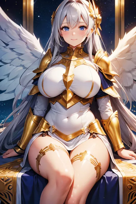 (High quality, High resolution, Fine details), angel knight, angelic armor, divine wings, golden armor, starry background, shining armor, solo, curvy women, sparkling eyes, (Detailed eyes:1.2), smile, blush, Sweat, Oily skin, shallow depth of field