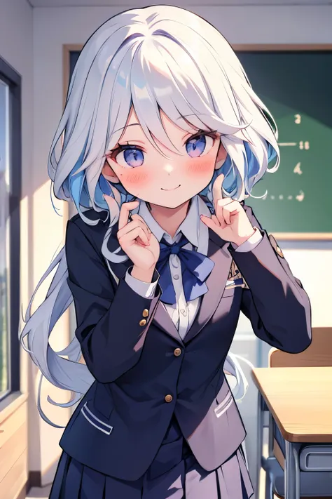 furina, 1girl, wearing school uniform, blushing, looking away, tsundere pose, blushing, smiling from viewer, in the classroom