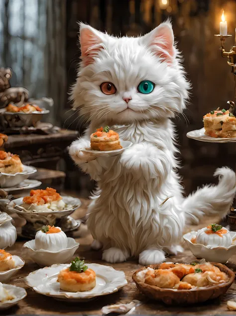 (minuet、in the middle of the meal、odd eye),,cute little,tmasterpiece,topquality,fluffy cat,,delightful,tre anatomically correct,...