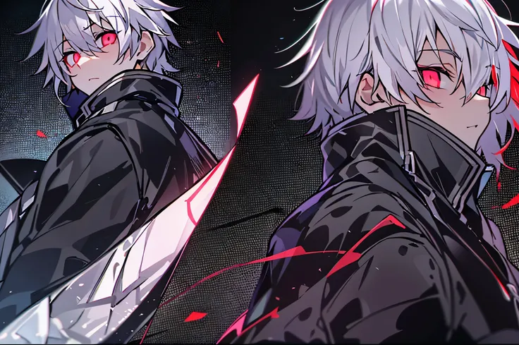 hight resolution,close range、Anime boy with white hair and red eyes staring at camera, Glowing red eyes,slim, dressed in a black outfit,Shadow Body,colorful backdrop,hair messy,yameroyandere, Diagonal angle