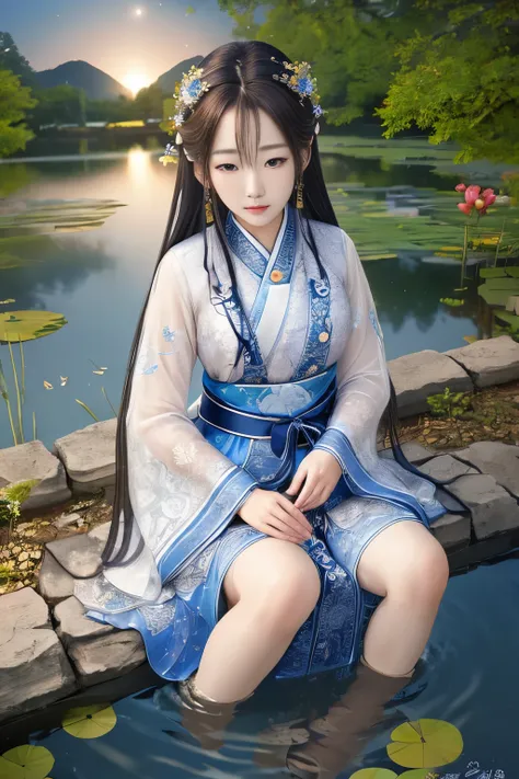 ((Ultra Long Exposure Photography)) high quality, highly detailed, goddess beautiful korean woman intricate detailed eyes,where a mysterious woman sits by the edge of a pond, capturing a romantic atmosphere under the starry sky.