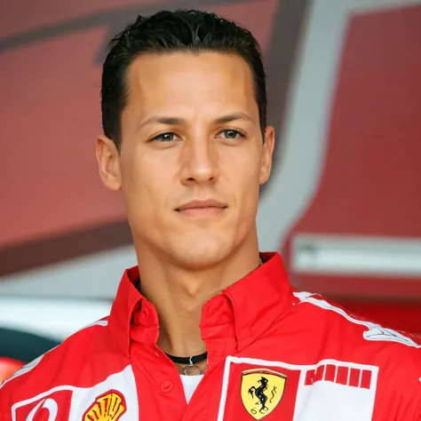 Fazer o rosto do Michael Schumacher, Wearing a red Formula 1 suit.  Trinta anos,  segura o capacete com as cores da escuderia ferrari