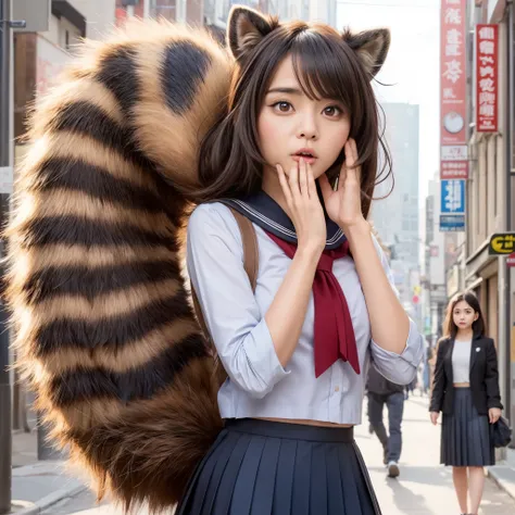 A woman wearing a pleated skirt with a raccoon tail, anthropomorphic raccoon, けもの, realistic, a picture, top-quality, Surprised face , Troubled face, Her skirt is flipped up and her tail is visible., Realistic tail