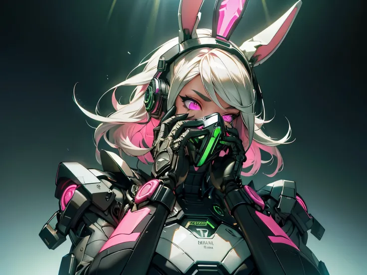 (3 heads:1.5), 1girl, ((melhor qualidade)),Menina de Cyborg no estilo cyborg，cabelos grisalhos，penteado longo do rabo de cavalo，Wear headphones shaped like rabbit ears and a gas mask，The gas mask has a green light on the surface，Vestido com um terno branco...